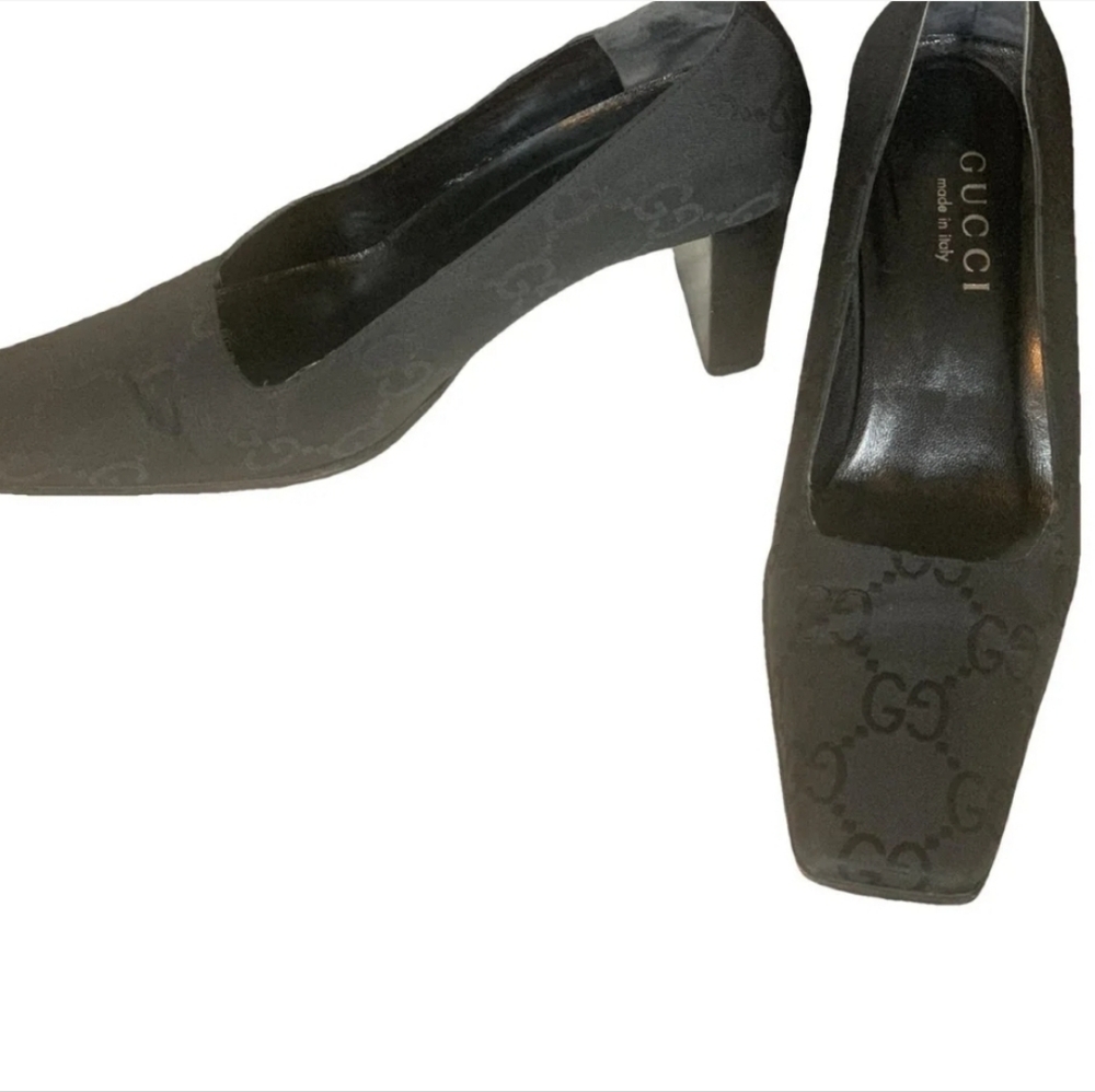 Gucci WOMEN CLOTH LEATHER BLACK CHUNKY Black Heels AUTHENTIC - Picture 2 of 13